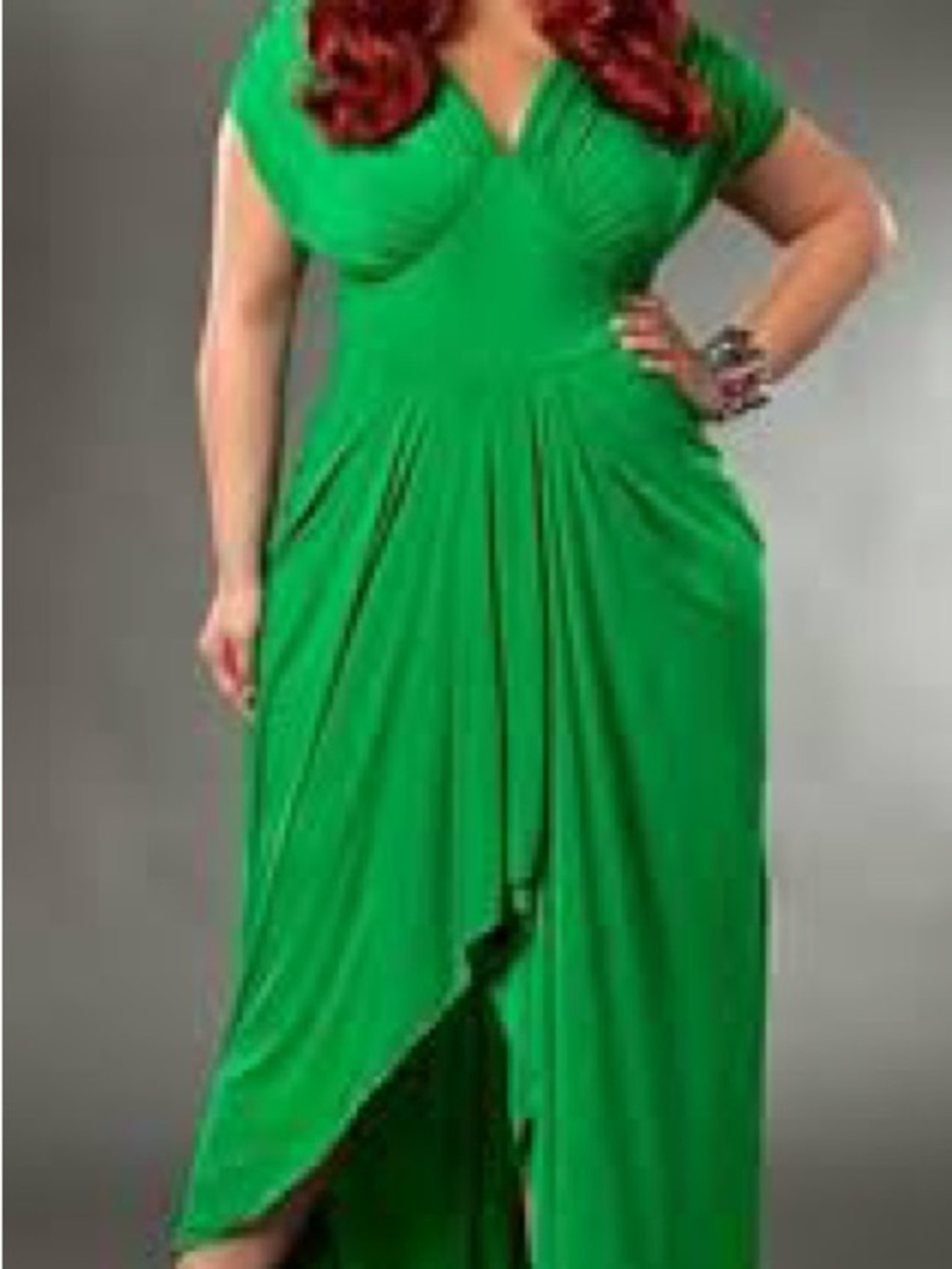Monif C. Emerald Green High-Low V-Neck Draped Maxi Dress